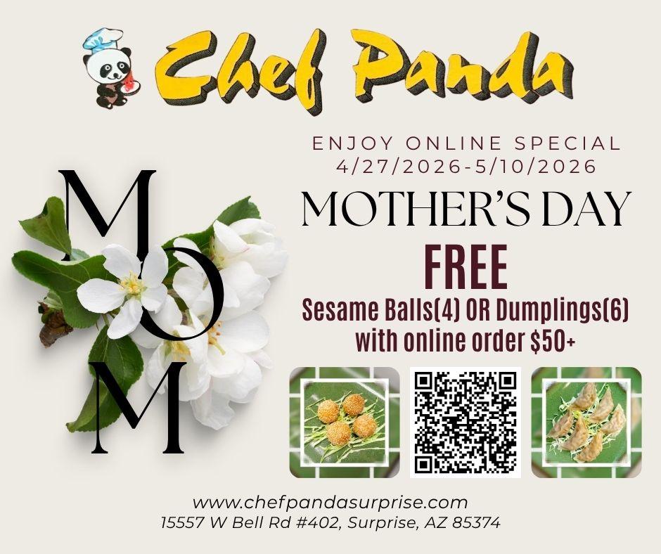 Chef Panda Mother's Day promotion ad offering free sesame balls or dumplings with $50+ online orders.